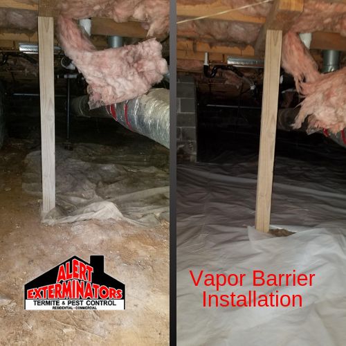 Crawlspace with bare dirt and torn plastic before (left) and covered with a new white vapor barrier after (right)